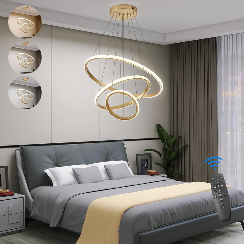 KSIBNW LED Függőlámpa - 3 Gyűrűs Arany Mennyezeti Lámpa Távirányítóval és Applikációval, Fényerőszabályozható, Állítható Magasságú, 2700K-65