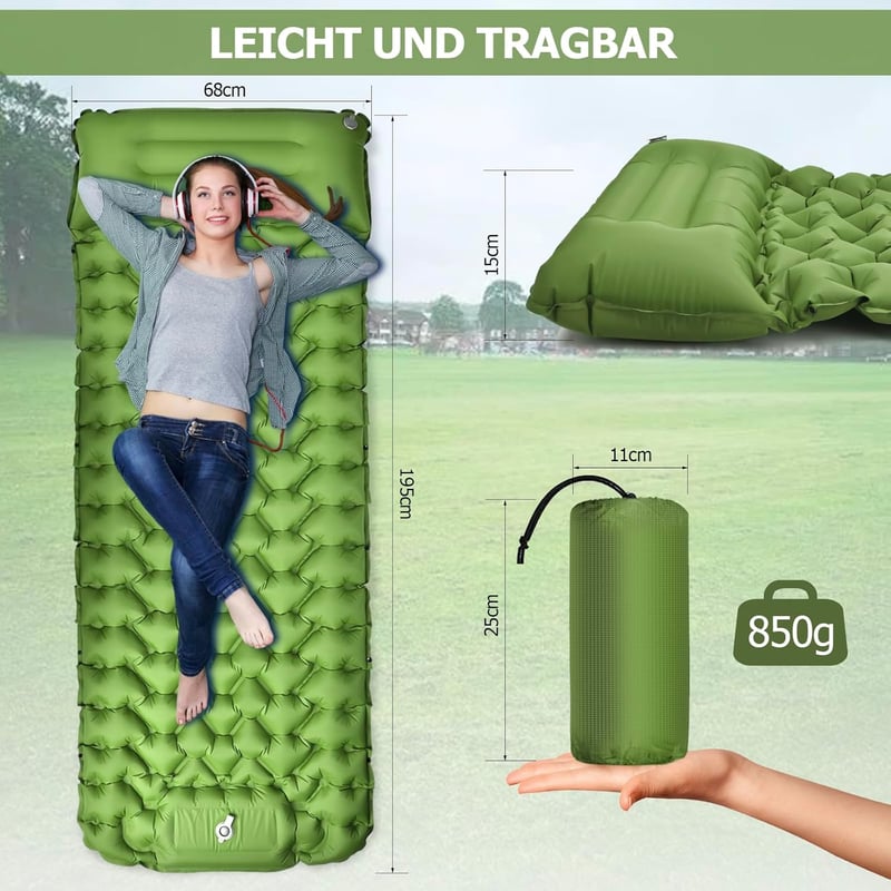 Amtake Önfelfújó Kempingmatrac 10 cm - Vízálló, Ultrakönnyű Hálózsák Alátét Beépített Lábpumpával - Túrázáshoz, Kempingezéshez, Strandolásho