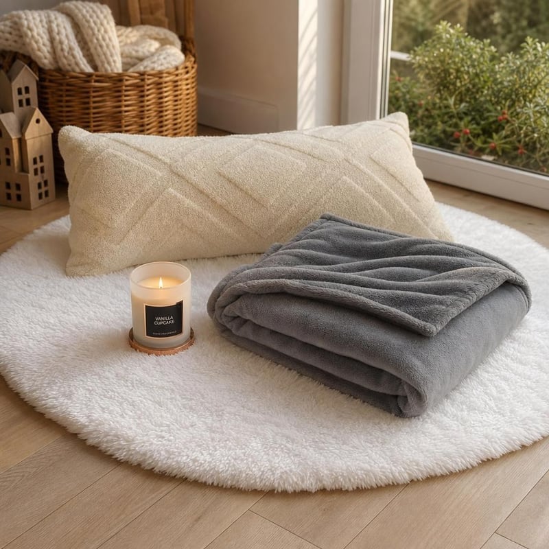 Zimski set za ušuškavanje: 1x deka 130x150 cm + 1x jastučnica 40x80 cm + mirisna svijeća + tepih 120 cm