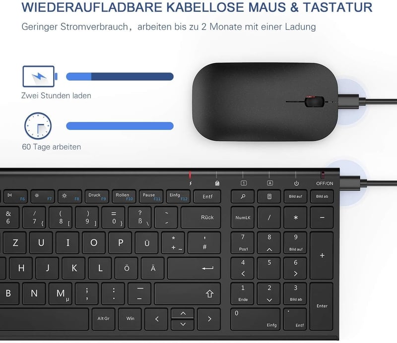 seenda Vezeték Nélküli Billentyűzet és Egér Szett - Ultravékony, Hordozható, Újratölthető, Fekete, PC/Laptop/Smart TV Kompatibilis