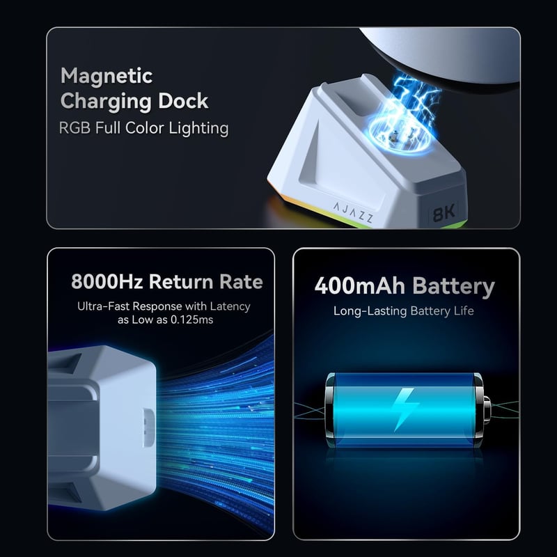 AJAZZ AJ159PRO Gaming Egér PAW3395 Szenzorral, Mágneses Töltővel, Vezeték Nélküli, Ergonomikus, 26K DPI, 8K Válaszidő, 400 mAh Akkumulátor, 