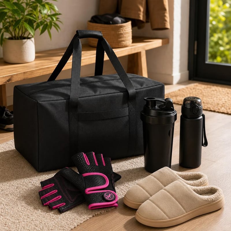 Fitness balík: športová taška + gélové rukavice + shaker + fľaša + papuče