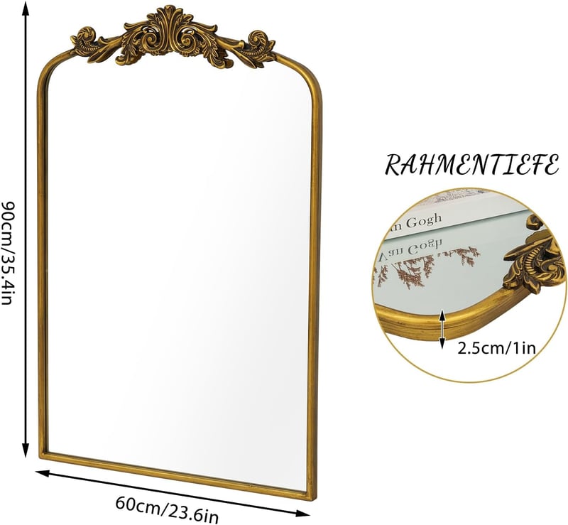 Awhtixbo Barokk Tükör Arany Félkör 60x90cm Vintage Fali Dekoráció