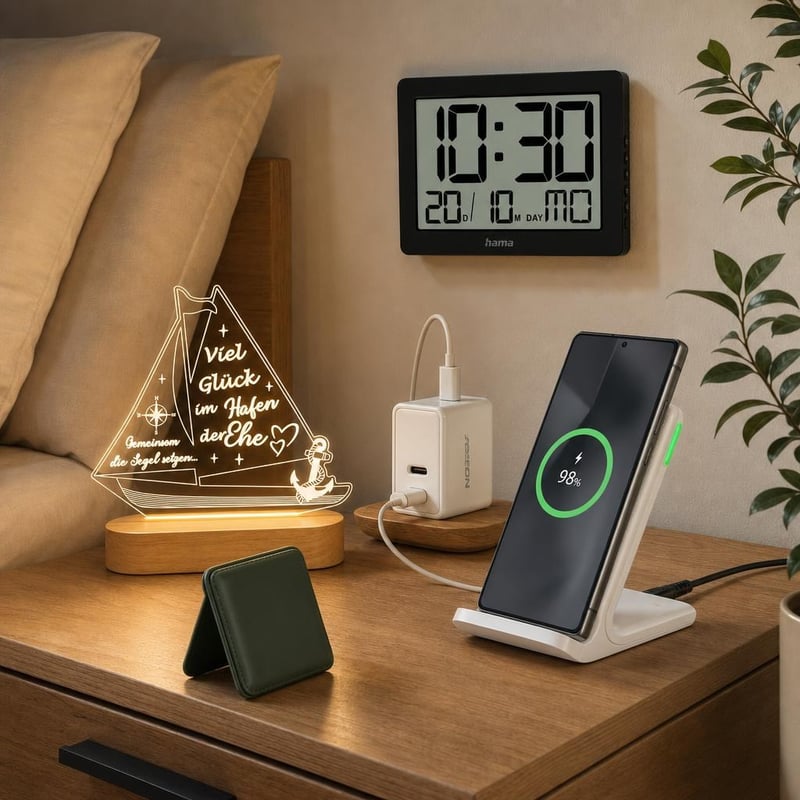 Noćna stanica za punjenje: USB-C adapter + bežični punjač + MagSafe stalak + LED svjetlo + digitalni sat