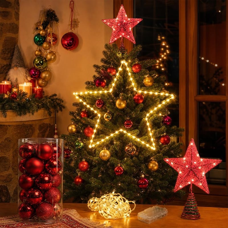 Čarolija božićnog drvca: 24 kuglice + LED lampice s timerom + crvena zvijezda