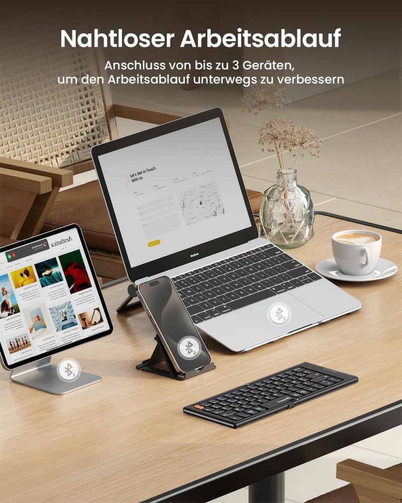 ProtoArc XK04 Összecsukható Kompakt QWERTZ Bluetooth Billentyűzet PU Bőrtokkal - Hordozható Mini Utazó Klaviatúra iPad iPhone Mac Android Wi