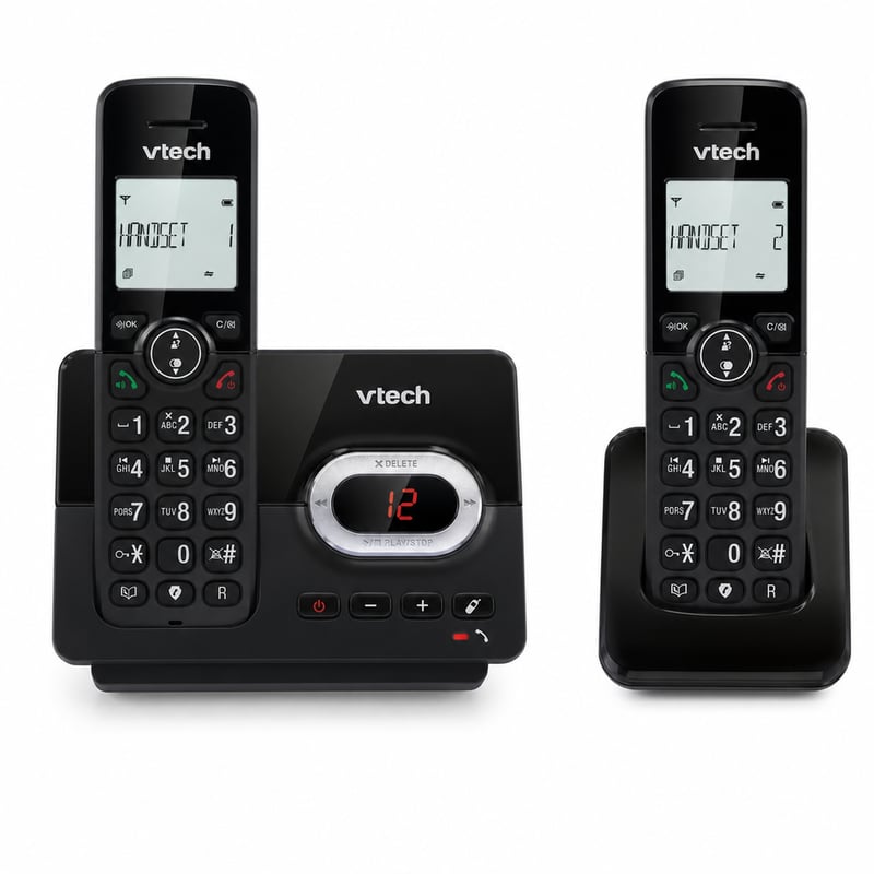 Bezdrôtový telefón VTech CS2051 s 2 slúchadlami, záznamníkom a veľkými tlačidlami — bez batérií (stav: viď 2. obrázok)