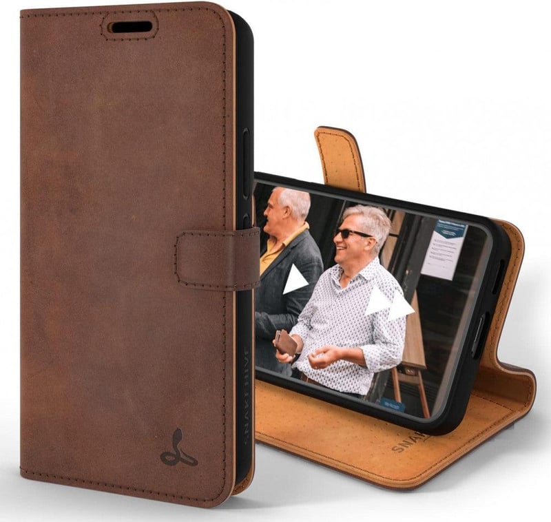 Samsung Galaxy S22 valódi bőr pénztárca tok, állvánnyal - barna