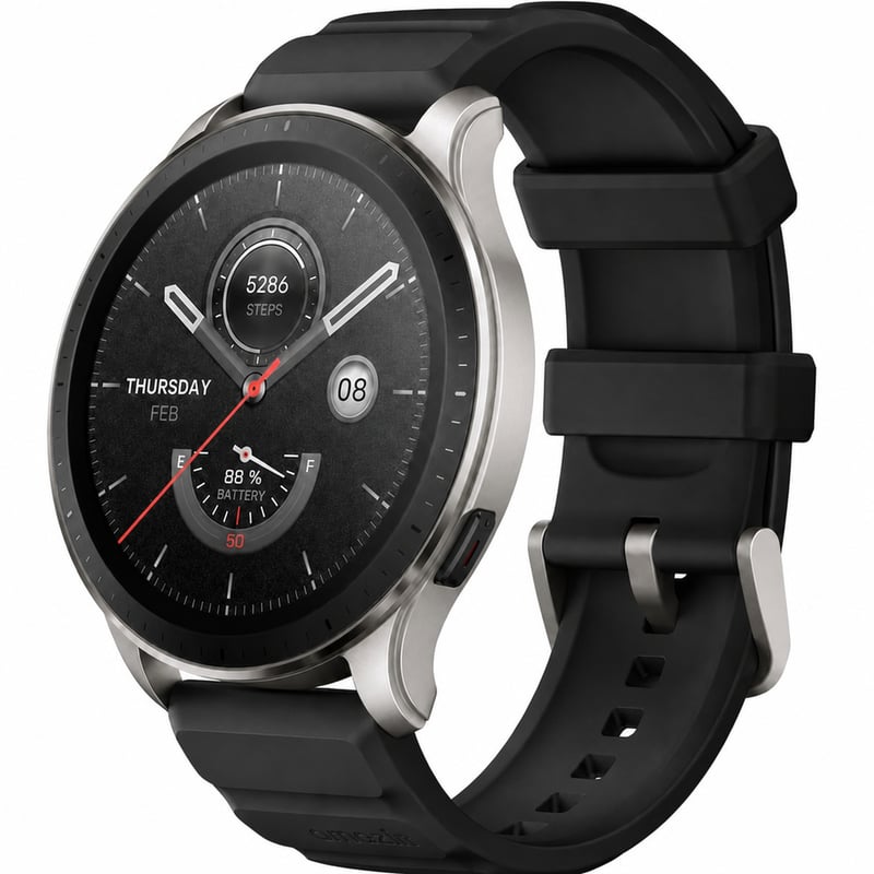 Inteligentné hodinky Amazfit GTR 4 v čiernej farbe, s čiernym remienkom — chybné, na náhradné diely: Otočná korunka nefunguje (stav: pozri 2. obrázok)
