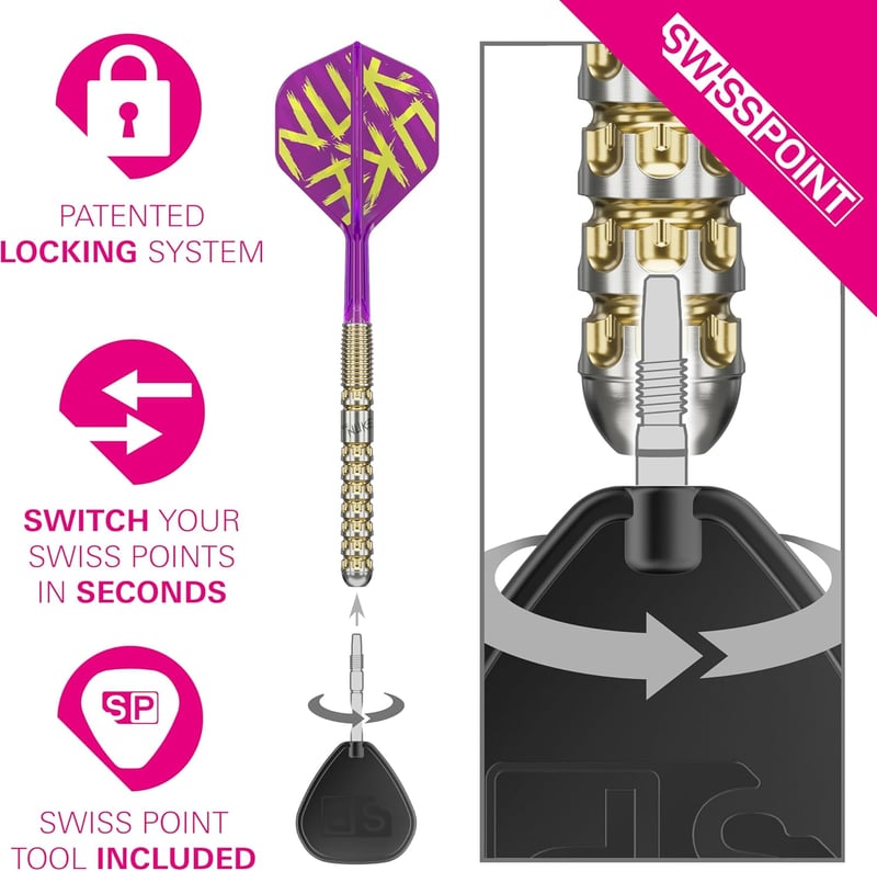 Target Darts Luke Littler Gen 1 Prodigy 90% Tungsten Darts Nyíl Készlet 22G - Arany Acél Hegyekkel, K-Flex Szárnyakkal, Swiss Point Technoló