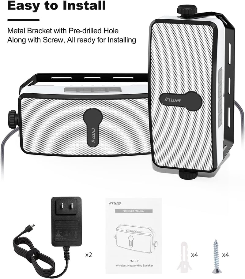 Inwa MZ511 Bluetooth Kültéri Hangszóró Szett - IPX5 Vízálló, Falra Szerelhető, 20W, Szinkronizálható, Mobil és Echo Dot Kompatibilis (2 db)