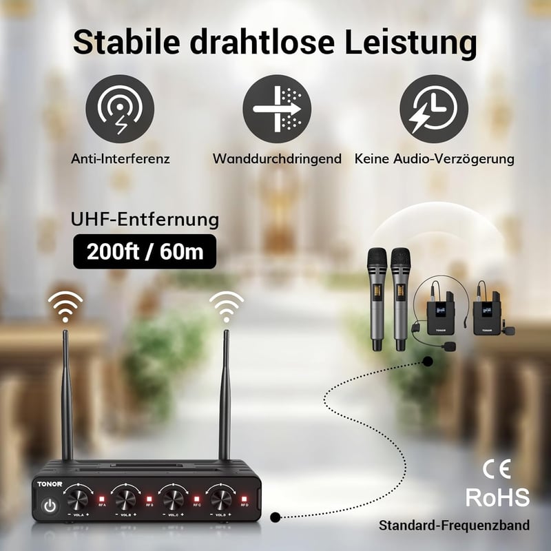 TONOR UHF Vezeték Nélküli Mikrofon Szett Kézi/Csíptetős/Fejhallgatós/Csiptetős Mikrofonokkal, 20 Csatorna, 60m 