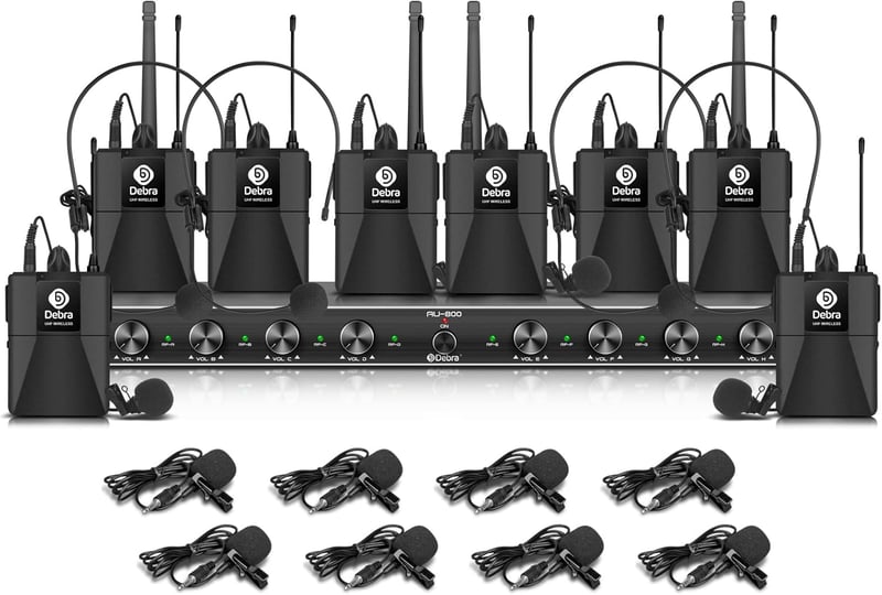 D Debra Audio AU800 Pro UHF 8 Csatornás Vezeték Nélküli Mikrofon Rendszer, 8 Testmikrofonnal, Fém Vevőegységgel - Karaoke, Rendezvény, Egyhá