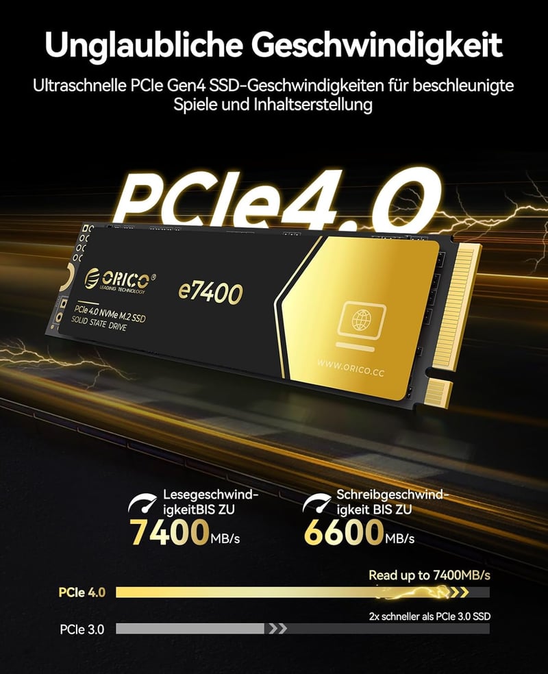 ORICO 1TB NVMe SSD M.2 PCIe 4.0 - 7400MB/s Belső SSD Meghajtó, Arany, Kompatibilis Windows, macOS és PS5 Rendszerekkel, Játékosoknak