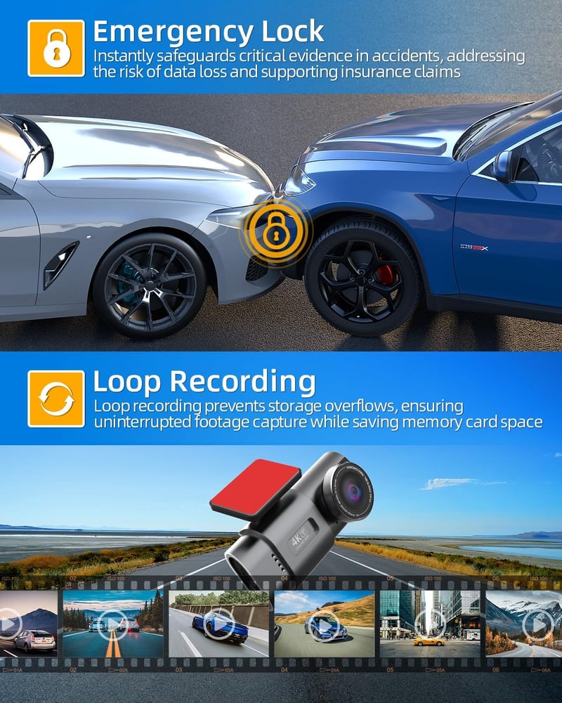 WeBeqer WiFi Autós Menetrögzítő Kamera 4K+1080P Felbontással, Első-Hátsó Kamera, 64GB SD Kártyával, 170°+140° Látószög, Éjjellátó, G-szenzor