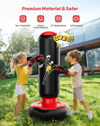 QPAU Gyermek Boxzsák Szett Boxkesztyűkkel - 168 cm Felfújható Edzőfelszerelés 6-12 Éves Gyerekeknek, Fekete-Piros, PVC Anyagból - Black / Red, 66 Inch 3