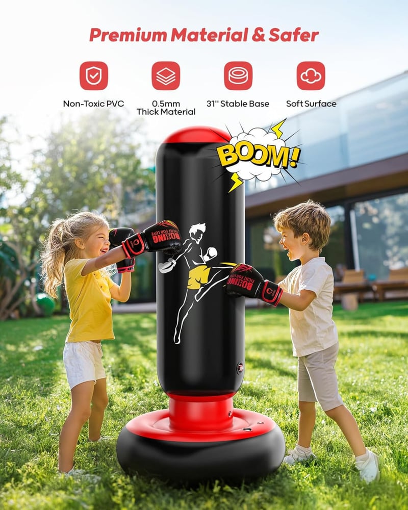 QPAU Gyermek Boxzsák Szett Boxkesztyűkkel - 168 cm Felfújható Edzőfelszerelés 6-12 Éves Gyerekeknek, Fekete-Piros, PVC Anyagból - Black / Red, 66 Inch