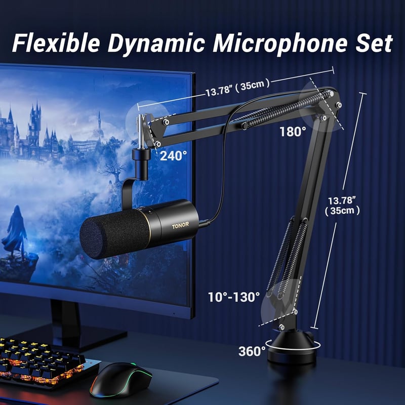 TONOR USB/XLR Dinamikus Mikrofon PC-hez Mikrofonállvánnyal - Némító Gombos Gaming Mikrofon PS4/PS5 Kompatibilis Podcast, Streaming és Stúdió