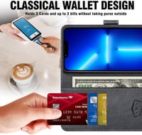 iPhone 13 Pro Max Fekete Bőr Pénztárcatáska Kártyatartóval és Állvánnyal 5