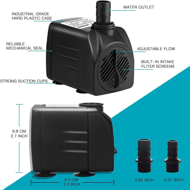 Cadrim 25W Vízpumpa Akváriumokhoz - 1200L/H Teljesítményű Merülő Szivattyú Szökőkutakhoz és Tavakhoz, 2m Emelőmagasság, Fekete