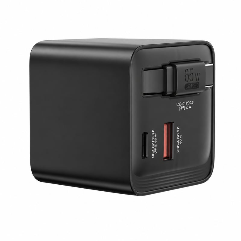 Verbatim GaN 65W 2 portos USB-C gyorstöltő visszahúzható kábellel EU/UK/USA fekete — EU csatlakozó nélkül (állapot: lásd a 2. képet)