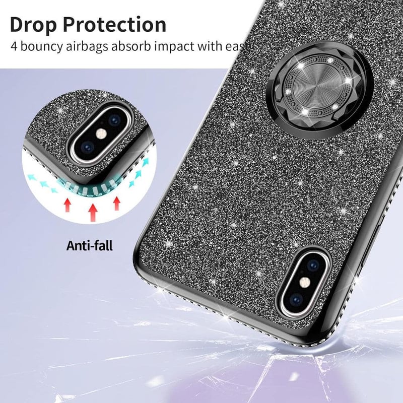 Apple iPhone X/XS Csillogó Fekete Gyűrűs Védőtok Glitterrel