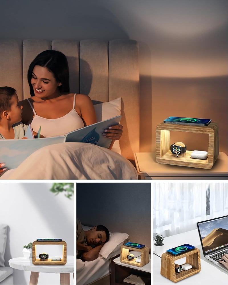 Alltripal 4 az 1-ben Vezeték Nélküli Töltőállomás Éjjeli Lámpával - iPhone, Apple Watch, AirPods Töltő Bambusz Dizájnnal