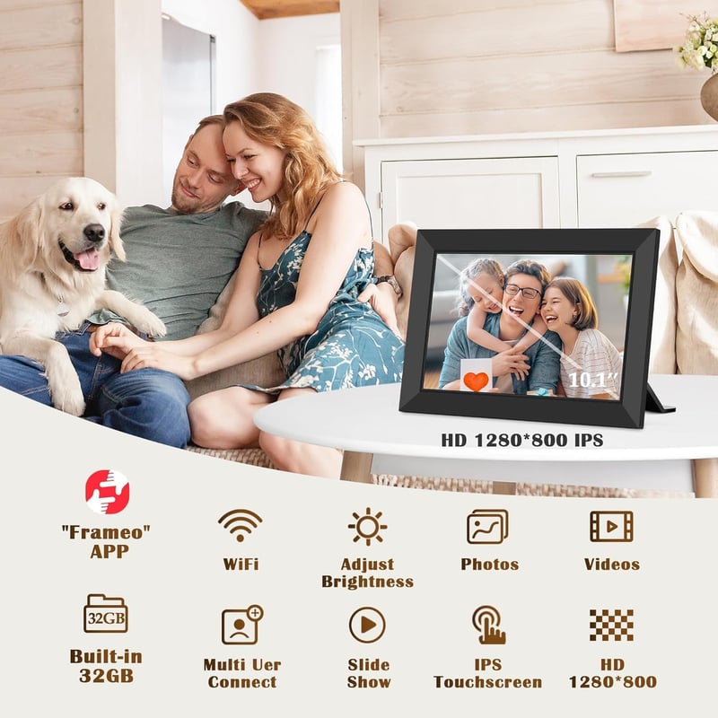 WONNIE Frameo WiFi Digitális Képkeret 10.1" HD IPS Érintőképernyővel, 32GB Memória, Fotó és Videó Megosztás Alkalmazáson Keresztül