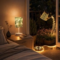 Set iluminat dormitor: lampă cu abajur textil + bandă LED 5m + ghirlandă solară 1