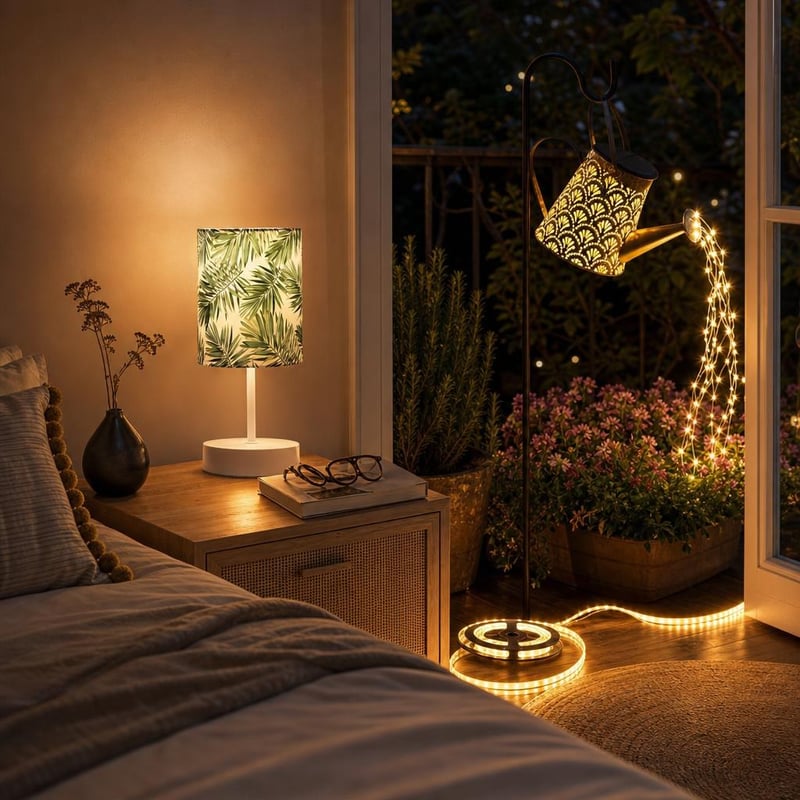 Set iluminat dormitor: lampă cu abajur textil + bandă LED 5m + ghirlandă solară