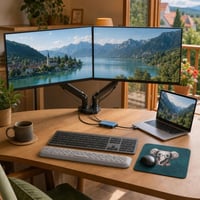 Uredski set za dva monitora: USB-C adapter + nosač + tipkovnica i miš + podloga + oslonac za zglob 1