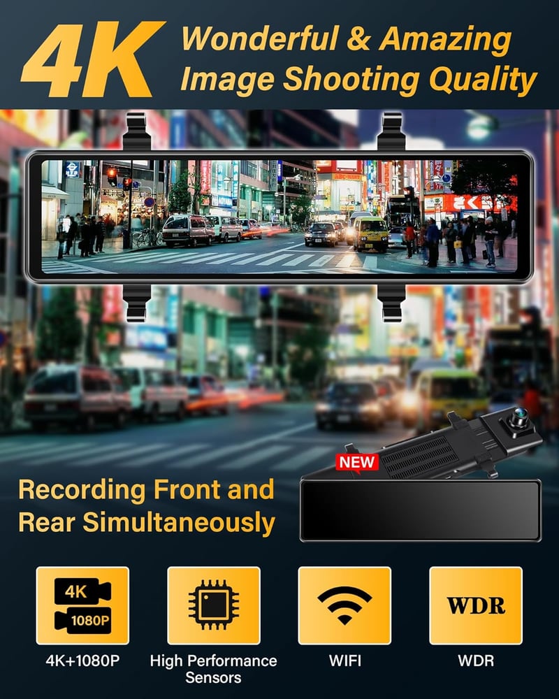 Jansite 4K WiFi tükör menetrögzítő kamera, 12" érintőképernyő, tolatókamera, 64GB SD
