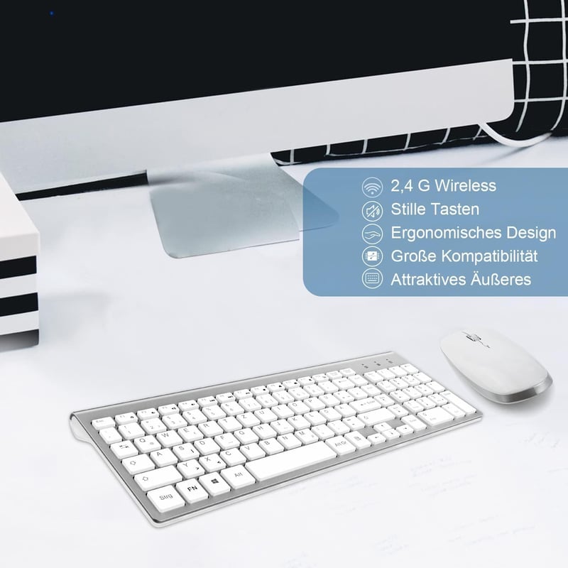 Vezeték nélküli QWERTZ billentyűzet és egér szett - Ergonomikus, vékony, német kiosztású - Fehér-ezüst