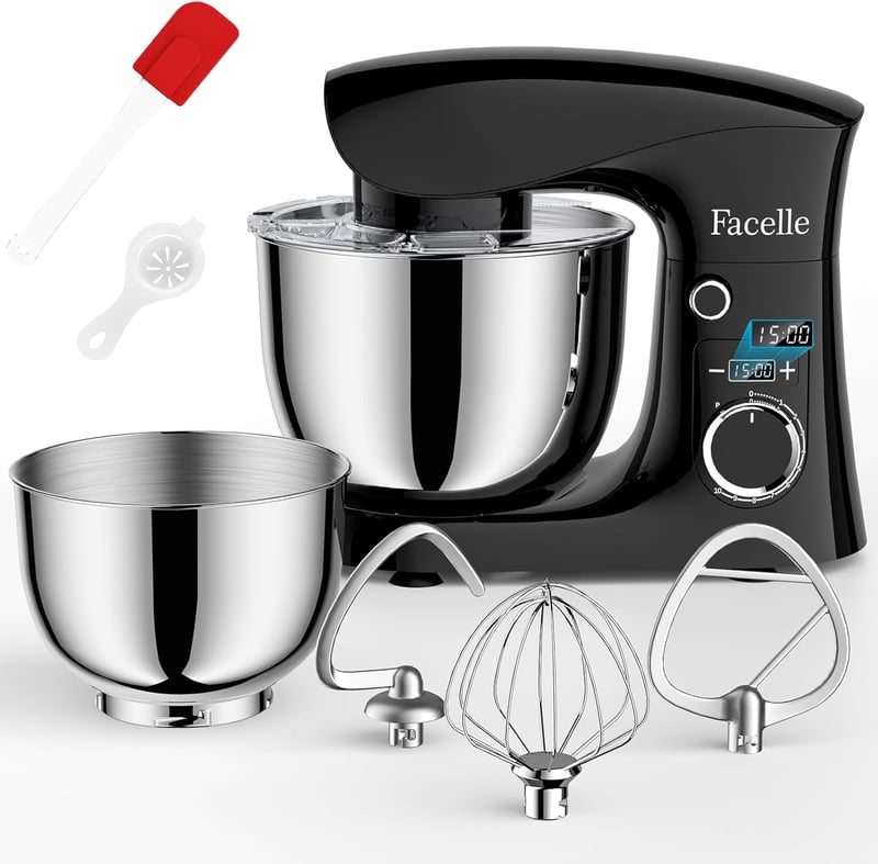 Facelle Konyhai Robotgép 1500W - 5,5L és 4,5L Rozsdamentes Acél Tálakkal, 10+P Sebességfokozattal, Dagasztó, Keverő és Habverő Tartozékokkal