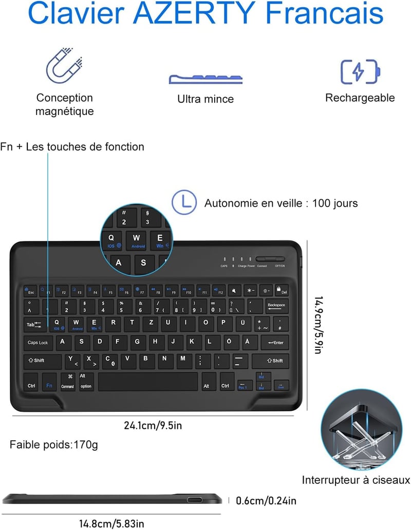 FOGARI Bluetooth Billentyűzet Samsung Galaxy Tab S9 Plus/S8 Plus/S7 FE/S7 Plus Tablethez - Fekete AZERTY Mágneses Védőtok 12,4" Készülékekhe