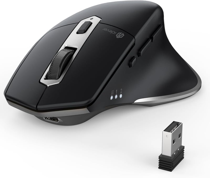 iClever Vezeték Nélküli Bluetooth Egér - Újratölthető, Ergonomikus, 3 Eszközhöz Csatlakoztatható, 5 DPI Beállítás, Csendes Kattintás, Ezüst-