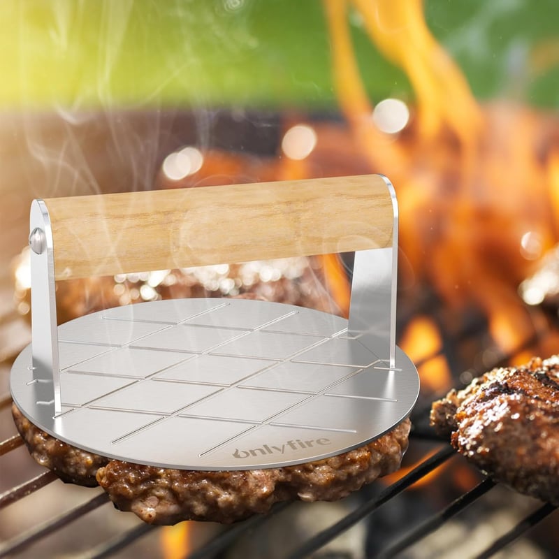 OnlyFire 4 részes rozsdamentes acél hamburger grillkészlet - Kerek húsprés, lapát és 2 burgerforma