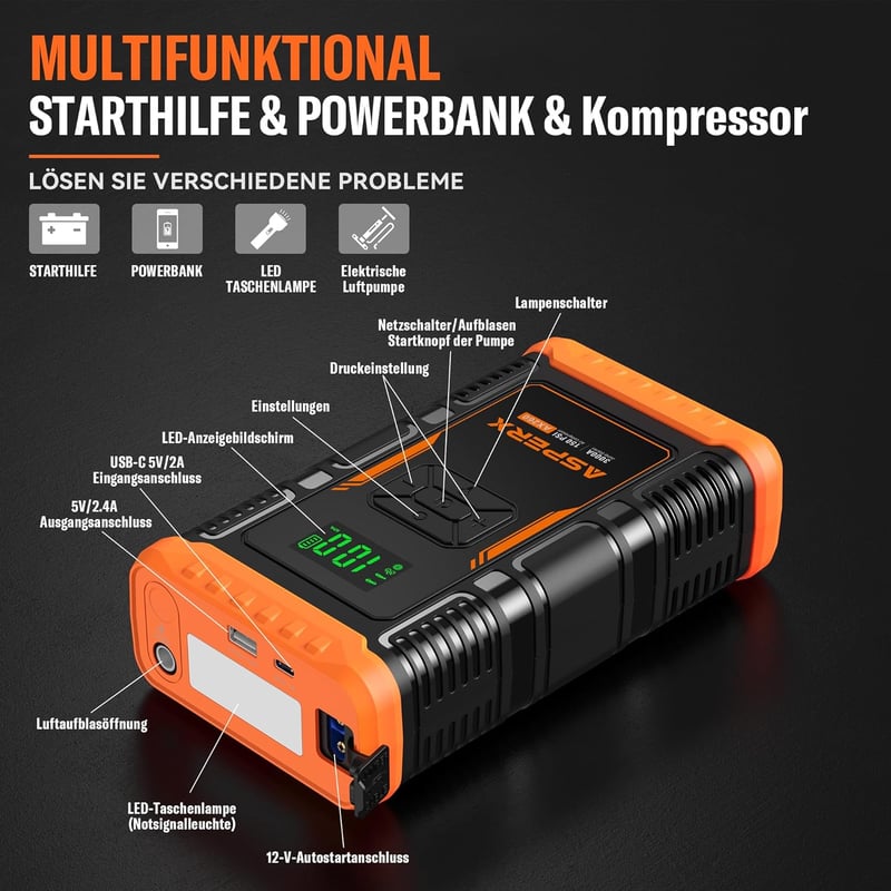 ASPERX 3000A Autós Indításrásegítő Powerbank Kompresszorral, 150PSI, LED Lámpával