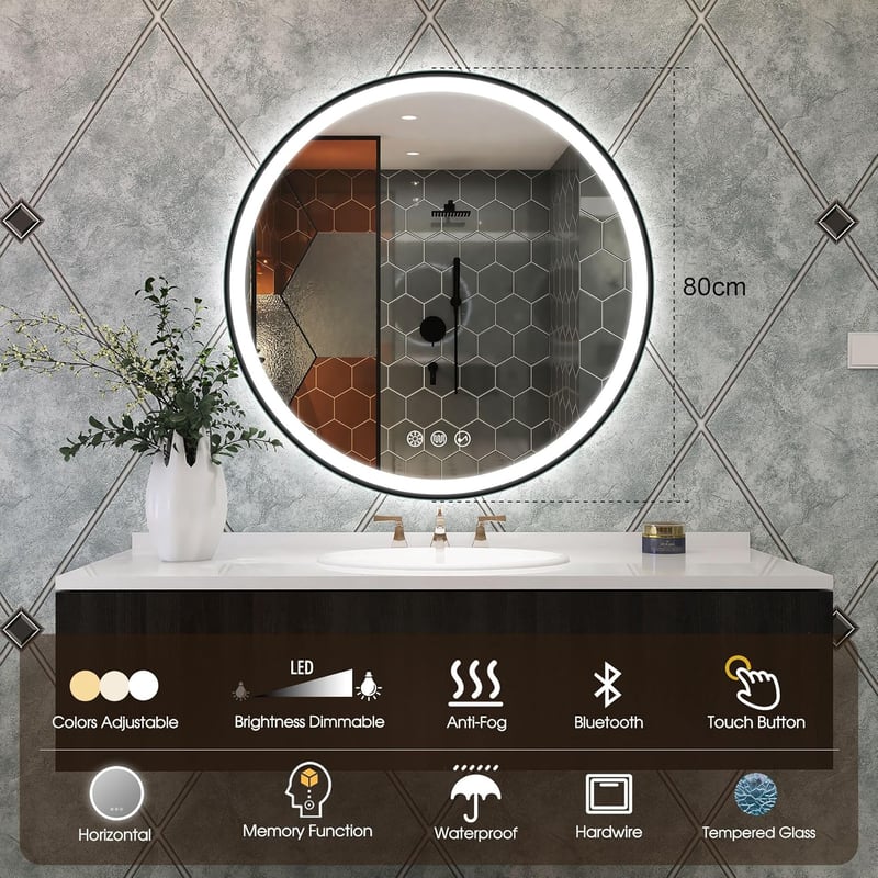 STARLEAD Kerek Fürdőszobai Tükör 80 cm, LED Világítással, Bluetooth Hangszóróval, Fényerőszabályzós, 3 Színhőmérséklet, Páramentesítő, Feket