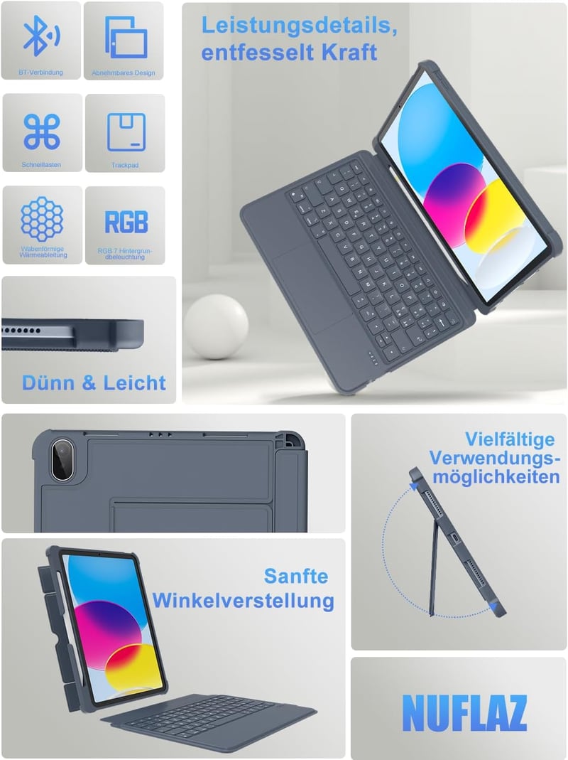 Nuflaz Mágneses Billentyűzet Tok iPad 10. Generációhoz (10.9") és iPad 11" - RGB Háttérvilágítás, Érintőpad, Toll Tartó, Szürke