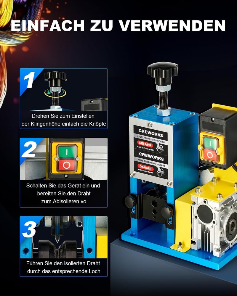 CREWORKS 180W professzionális elektromos kábelcsupaszító gép, 3 fúrólappal, 1,5-25mm átmérőjű kábelekhez