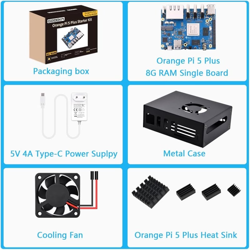 GeeekPi Orange Pi 5 Plus 8GB - RK3588 8-Magos Egykártyás Számítógép Fém Házzal, Hivatalos 5V 4A Tápegységgel és 40mm Ventilátorral, eMMC Fog