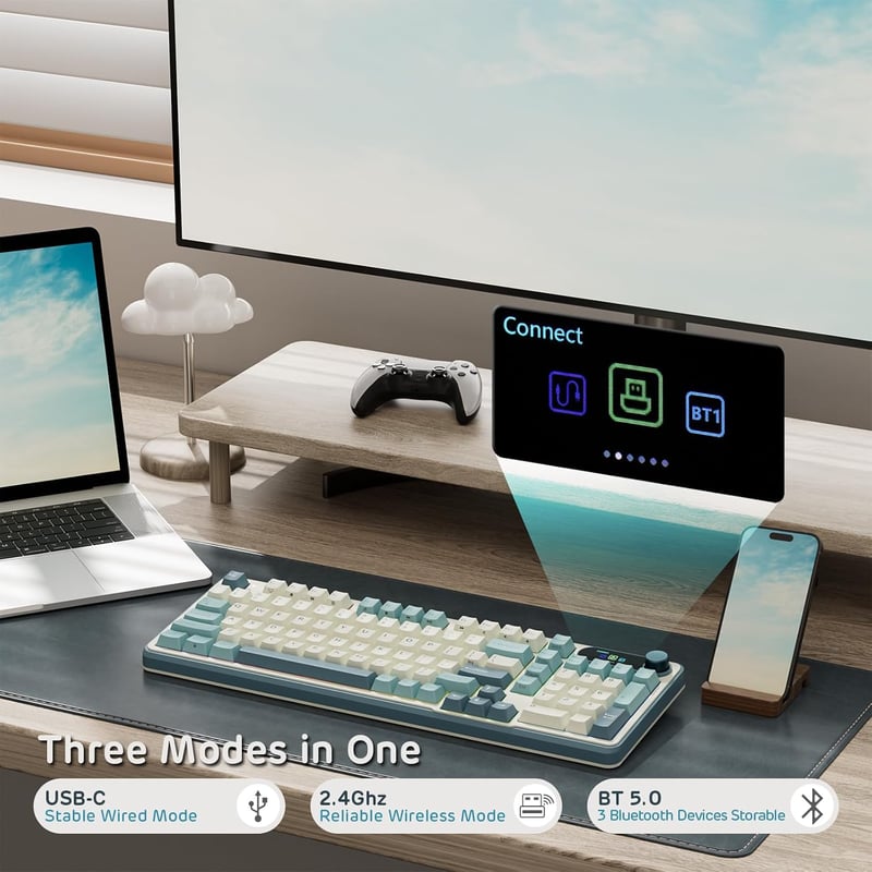 RK ROYAL KLUDGE S98 Mechanikus Billentyűzet Okos Kijelzővel, 96% Vezeték Nélküli, Bluetooth/2.4G/USB-C, Hot-Swap, 98 Gombos, Égkék - Linearer Creme Schalter, sky blue