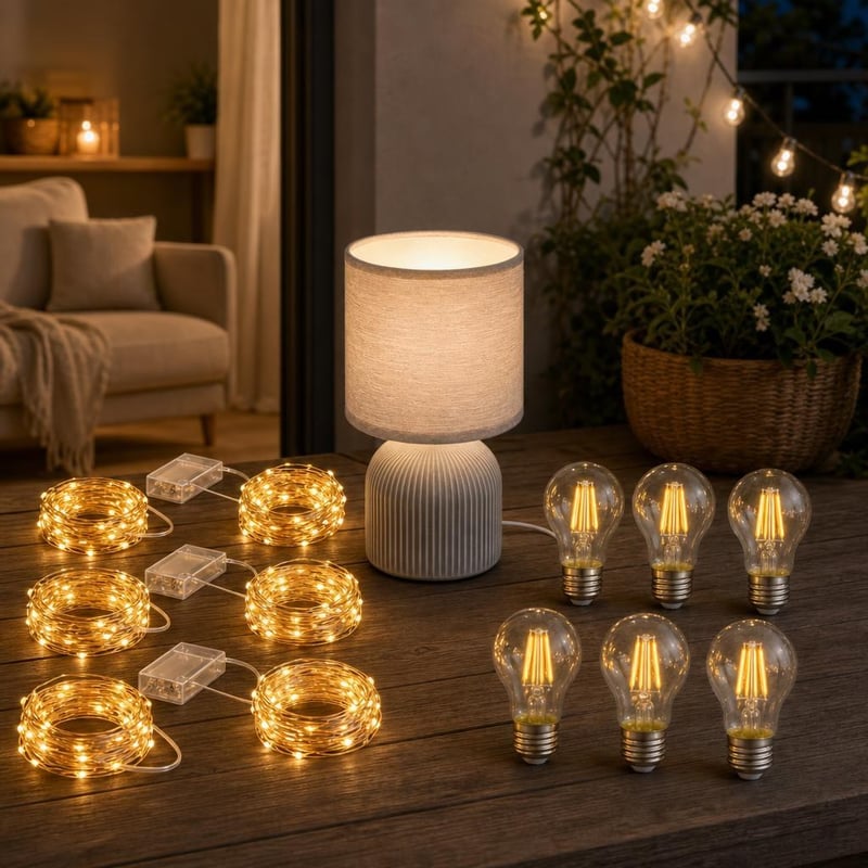 Útulný svetelný set: 6× LED reťaz + stolná lampa + 6× E27 LED žiarovka