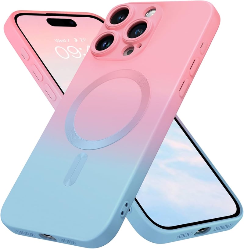 iPhone 15 Pro Max MagSafe Mágneses Tok - Rózsaszín-Kék Színátmenetes Védőtok Nőknek