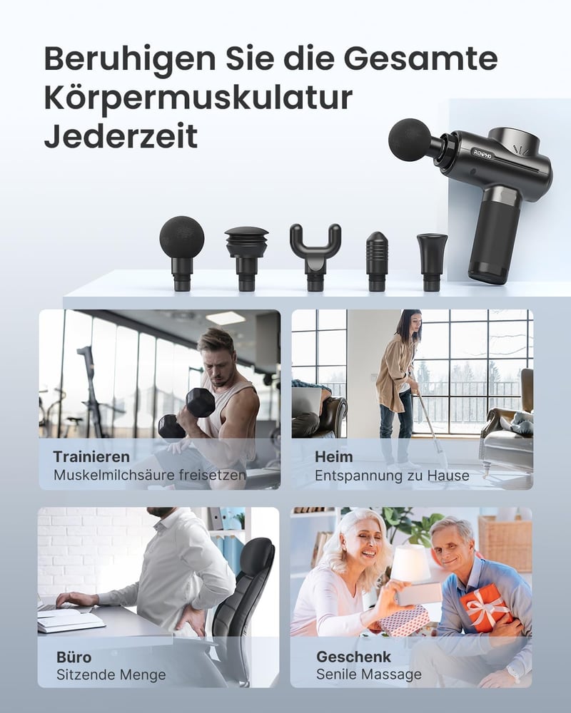 RENPHO Masszázspisztoly 3200 RPM Izommasszírozó Készülék USB-C Töltéssel, 2500 mAh Akkumulátorral, Fekete Izomrelaxáló Masszírozó