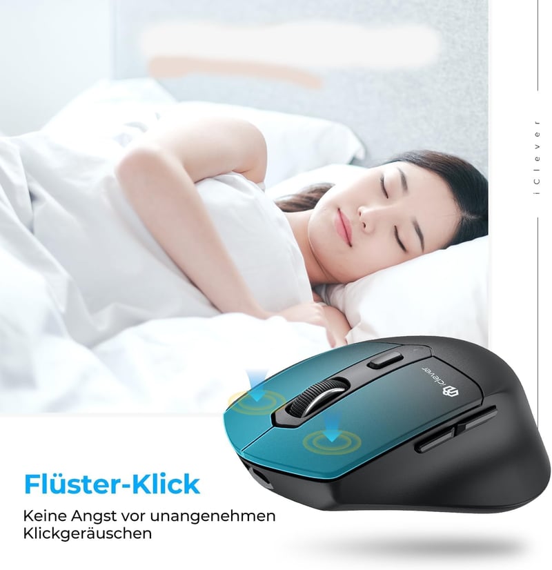 iClever MD360 Ergonomikus Bluetooth Egér - Vezeték Nélküli USB-C Tölthető Egér Jiggler Funkcióval, Csendes Kattintás, 3 Eszköz Csatlakoztatá