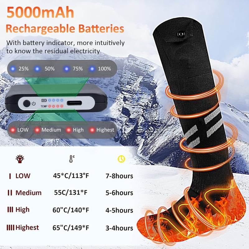Olycism Újratölthető Fűthető Zokni 5000 mAh Akkumulátorral - 4 Hőfokszinttel, Férfiaknak és Nőknek - Túrázáshoz, Kempingezéshez, Kültéri Spo