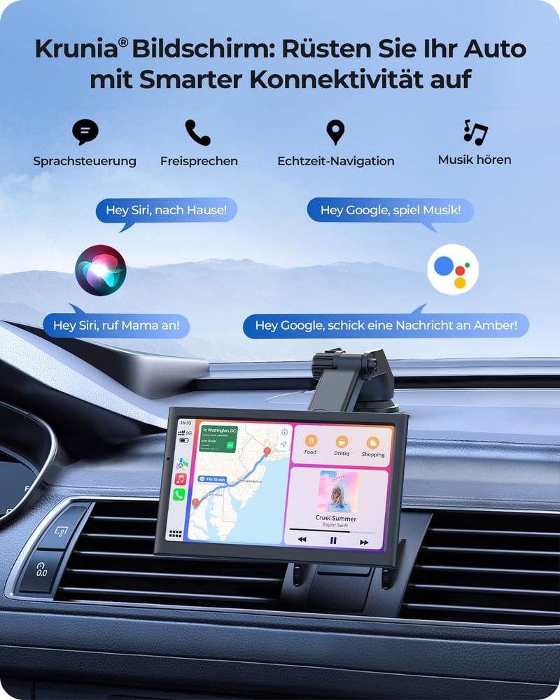Krunia 7" Vezeték Nélküli Autós Kijelző 60FPS - Apple CarPlay & Android Auto Támogatás, Álló/Fekvő Mód, Hangvezérlés, GPS Navigáció, Tolatók