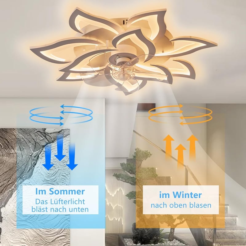 MiiR Virág Alakú Mennyezeti Ventilátor Lámpával - 100W Csendes LED Lámpa 12000LM, 6 Sebességű, Szabályozható Fényerő, Távirányítóval, Nappal